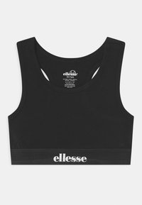 Svart sportbh i bomull, med ett brett elastiskt band med vit "ellesse"-logotyp och racerback-design. Slät textur.