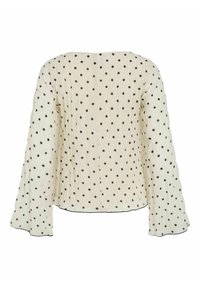 Biała bluzka w czarne groszki, z długimi rozszerzanymi rękawami i okrągłym dekoltem. Miękka, teksturowana tkanina z delikatnym marszczonym wzorem.