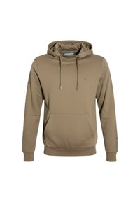 Felpa kaki con cappuccio, tasca frontale e coulisse. Presenta testo lungo le maniche e un piccolo logo sul petto. Tessuto morbido.