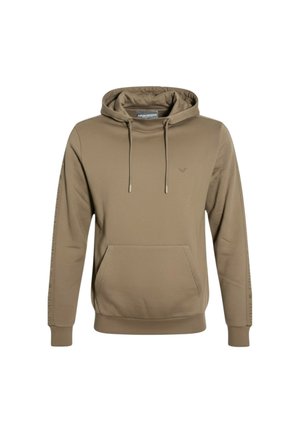 Felpa kaki con cappuccio, tasca frontale e coulisse. Presenta testo lungo le maniche e un piccolo logo sul petto. Tessuto morbido.