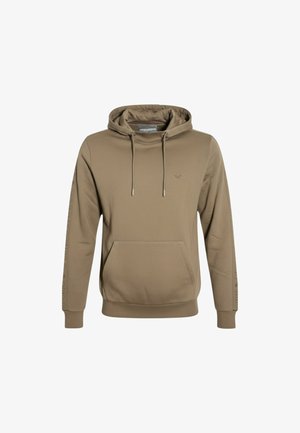 Felpa kaki con cappuccio, tasca frontale e coulisse. Presenta testo lungo le maniche e un piccolo logo sul petto. Tessuto morbido.