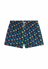 Pantaloni da bagno blu caratterizzati da un vivace motivo con soli colorati in rosso, giallo e turchese. Vita elastica con dettaglio del cordino.