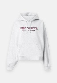Gray hoodie made of fleece fabric, featuring a kangaroo pocket, drawstring hood, and pink embroidered "carhartt" logo with "WORK IN PROGRESS."
