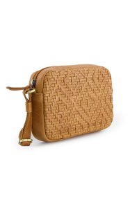 Woven tan leather clutch with a rectangular shape, featuring a textured surface, simple zip closure, and a detachable wrist strap.
