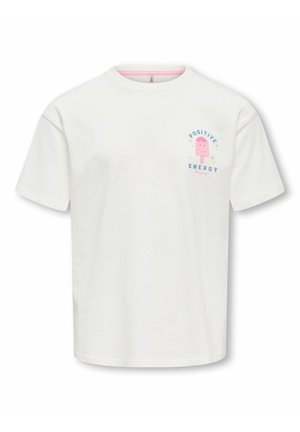 T-shirt blanc à manches courtes avec un petit esquimau rose souriant et le texte « Positive Energy » sur la partie gauche de la poitrine.