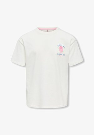 T-shirt blanc à manches courtes avec un petit esquimau rose souriant et le texte « Positive Energy » sur la partie gauche de la poitrine.
