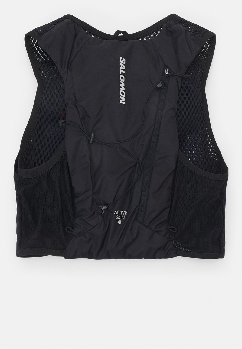 Gilet de course noir en tissu léger avec des côtés en maille, système de réglage par cordon et logo "ACTIVE SKIN 4" imprimé.
