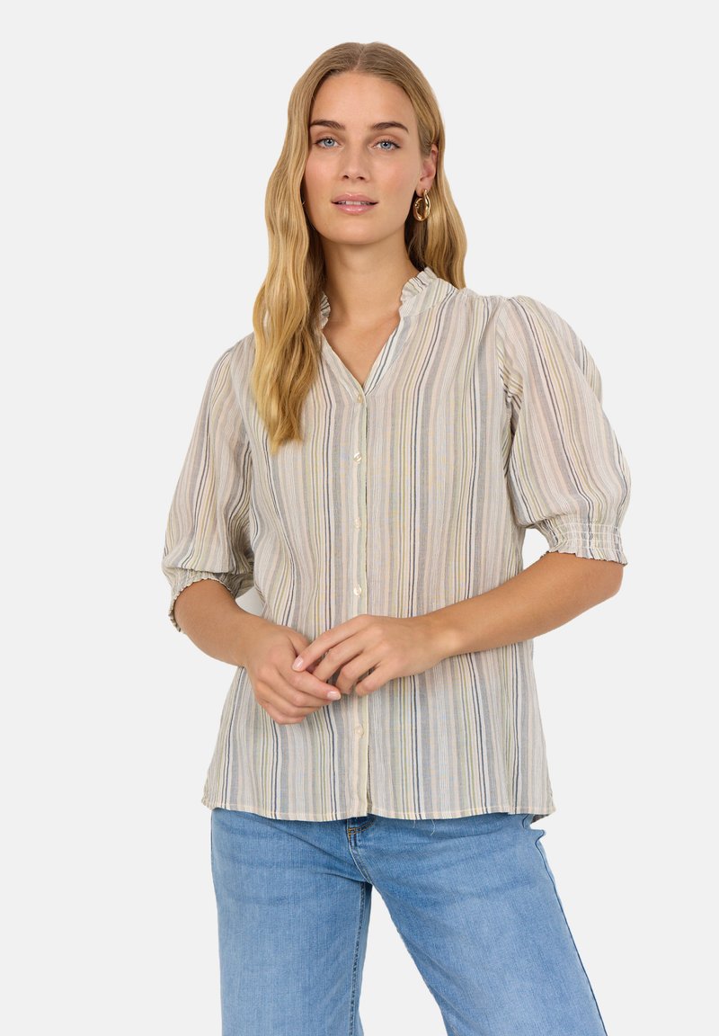 Chemise légère à rayures, avec un col volanté et des manches bouffantes. La palette de couleurs comprend des tons pastel doux sur un fond crème.