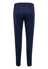 Marineblauwe sportbroek met een elastische tailleband en mesh inzetstukken op de onderbenen, gezien vanaf de achterkant.