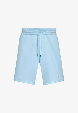 Shorts en mélange de coton bleu clair avec une taille élastique, un cordon de serrage et un logo brodé sur le bas de la jambe gauche. Texture lisse.