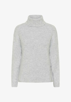 Világosszürke garbó pulóver, puha, bordázott anyagból készült. Hosszú ujjaival és enyhén laza fitted, oldalsó hasítékokkal a szegélyén.