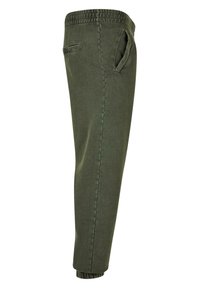 Grønne, tapered joggebukser med elastisk midjebånd, sidelommer og en glatt, teksturert stofffinish. Har et enkelt, rent design.