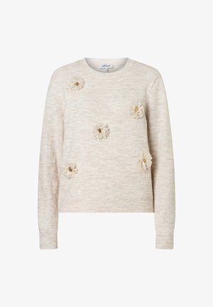 Cremefarbener Strickpullover mit floralen Applikationen, rundem Halsausschnitt, gerippten Bündchen und Saum. Strukturiertes Material mit einem weichen Erscheinungsbild.