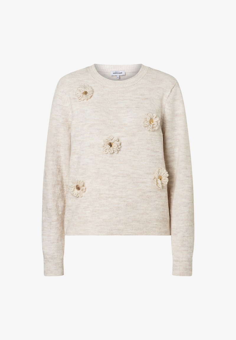 Kremowy sweter robiony na drutach z kwiatowymi aplikacjami, okrągłym dekoltem, ściągaczami na mankietach i dole. Teksturowana tkanina o miękkim wyglądzie.