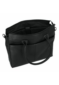 Zwarte leren tote bag met dubbele handvatten, ritssluiting en buitenzakken. Gladde textuur met een ruime, niet-gevoerde binnenkant.