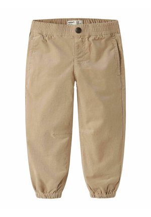 Pantalon beige pour tout-petit avec taille élastique, bouton sur le devant, poches latérales et bas élastiqués aux chevilles.