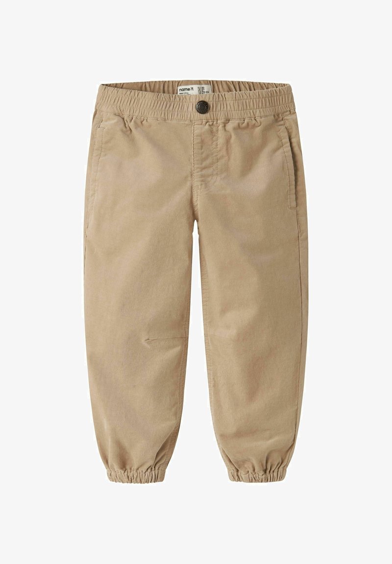 Pantalon beige pour tout-petit avec taille élastique, bouton sur le devant, poches latérales et bas élastiqués aux chevilles.
