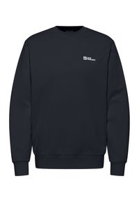 Felpa blu navy in morbido tessuto, con scollo rotondo, polsini a costine e un piccolo logo bianco in alto a sinistra.