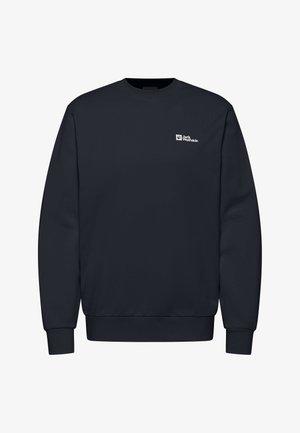Sweatshirt bleu marine en tissu doux, avec un col rond, des poignets côtelés et un petit logo blanc en haut à gauche.