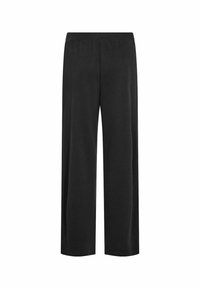 Pantaloni neri a gamba larga con una texture liscia e vita elastica, caratterizzati da un design minimalista senza motivi o accessori visibili.