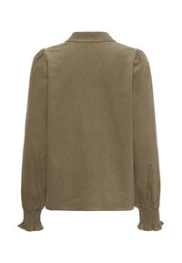 Olivově zelená kordová košile s dlouhými, nabíranými rukávy, manžetami na gumu a klasickým límcem. Měkká textura, jednoduchý design vzadu.