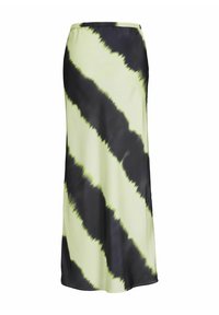 Zwarte en lichtgroene tie-dye rok met een elastische tailleband, soepele stof en een vloeiende silhoutte met horizontale strepen.