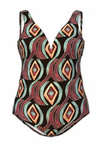 Maillot de bain une pièce avec un décolleté en V profond. Présente un motif géométrique en rouge, teal et orange sur un fond noir. Texture douce.