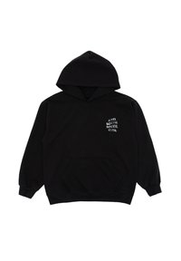 Czarna bluza z kapturem wykonana z bawełny, z przednią kieszenią i białym nadrukowanym tekstem w górnej lewej części klatki piersiowej.