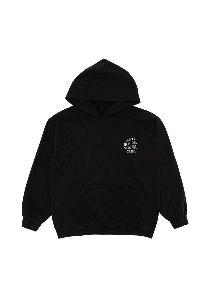 Czarna bluza z kapturem wykonana z bawełny, z przednią kieszenią i białym nadrukowanym tekstem w górnej lewej części klatki piersiowej.