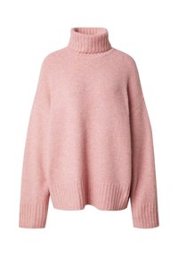 Oversized roze coltrui gemaakt van zachte gebreide stof, met geribbelde details bij de kraag en mouwen voor extra textuur.