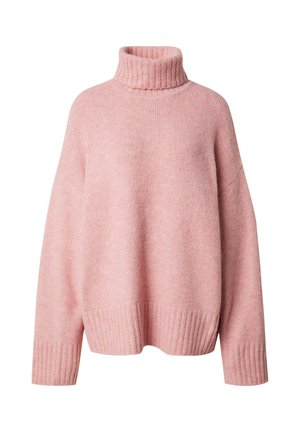 Oversized roze coltrui gemaakt van zachte gebreide stof, met geribbelde details bij de kraag en mouwen voor extra textuur.