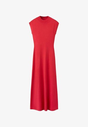 Robe longue rouge sans manches avec un col rond haut et une jupe légèrement évasée, présentée sur un fond blanc.