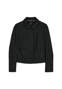 Zwarte jas met kraag van textuurstof, voorzien van twee voorzakken, een getailleerd ontwerp en een rechte zoom.