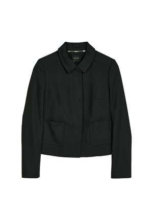 Schwarze Jacke mit Kragen aus strukturiertem Stoff, ausgestattet mit zwei Fronttaschen, einem taillierten Design und einem geraden Saum.