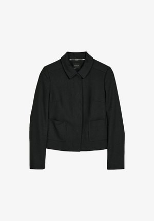 Schwarze Jacke mit Kragen aus strukturiertem Stoff, ausgestattet mit zwei Fronttaschen, einem taillierten Design und einem geraden Saum.