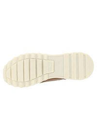 Gummischuhsohle mit strukturierten Rillen; beige Farbe; verfügt über ein gemustertes Griffdesign und erhobene Bereiche für Traktion.