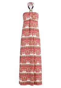 Robe maxi sans bretelles, ornée de motifs paisley rouges et dorés sur un fond crème, avec un col en halter.