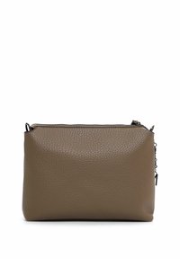 Brown pebbled leather pouch with a top zip closure, rectangular shape, and subtle textured finish. Features a small decorative chain.