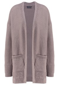 Gruby kardigan dziany na otwartym przodzie w stonowanym odcieniu mauve, z długimi rękawami i dwoma przednimi kieszeniami.