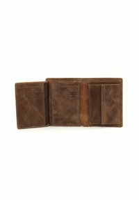 Brown leather wallet opened, featuring multiple card slots, a note compartment, and a smooth textured finish with visible stitching.