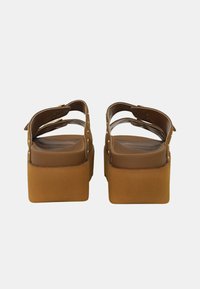 Sandali platform marroni con suole spesse e solide. Presentano una cinghia trasparente e dettagli in metallo, offrendo un design moderno e rialzato.