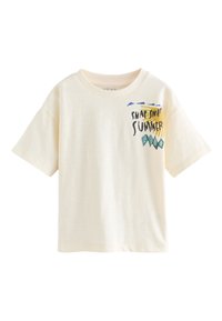 Cremefarbenes Baumwoll-T-Shirt mit kurzen Ärmeln, das auf der Vorderseite einen grafischen Druck in Blau und Gelb mit der Aufschrift "SNAP SNAP SUMMER" zeigt.