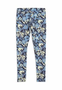 Bloemige leggings met een marineblauwe achtergrond en blauwe en gele bloemen. Rekbare stof met een aansluitend ontwerp en geen zichtbare hardware.