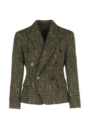 Double-breasted blazer made of textured dark fabric with yellow accents. Features black buttons and two side pockets. Tailored fit.