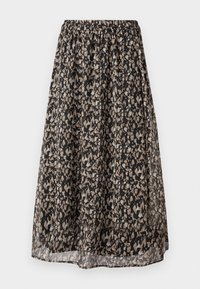Schwarzer Midirock aus leichtem Stoff, mit einem floralen Muster in Beige und Creme. Elastischer Taillenbund für eine verstellbare Passform.