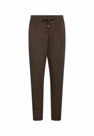 Braune Baumwollmischung-Sweatpants mit schmal zulaufendem Bein, elastischem Bund mit Kordelzug und seitlichen Taschen. Glatte Textur mit minimalen Details.