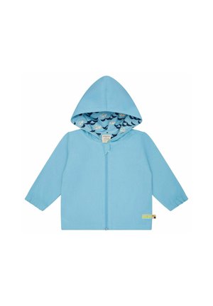 Hellblaue Kinder-Hooded-Jacke mit Frontreißverschluss und innerem Kapuzenfutter mit Muster aus Wellen und Papierbooten.