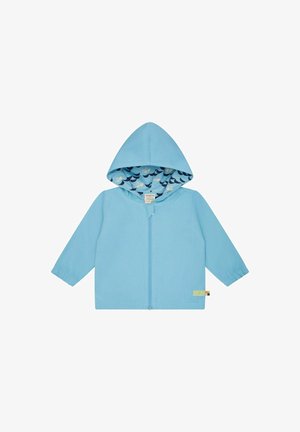 Lichtblauw kinderjack met capuchon, voorrits en binnenvoering van de capuchon met patronen van golven en papieren bootjes.