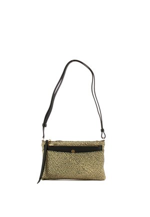 Sac bandoulière avec motif galets beige et noir, poche avant zippée et à pression, et bandoulière noire réglable.
