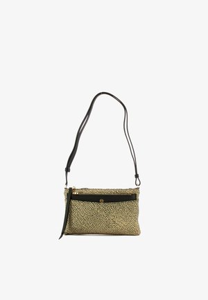 Crossbody taske med beige og sort stenmønstret, front lynlås og tryklomme samt justerbar sort skulderrem.